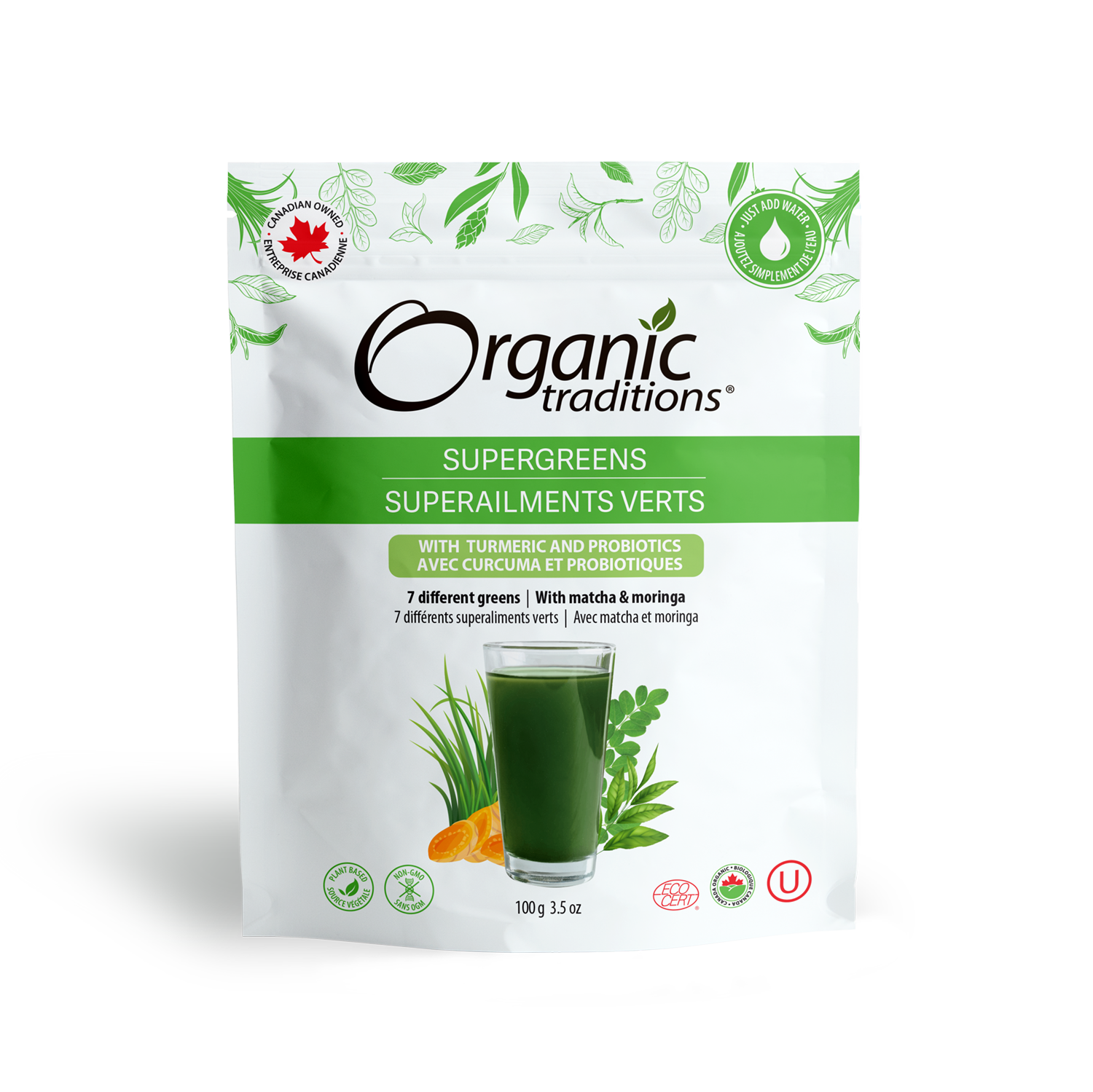 organic traditions supergreens with turmeric and probiotics front of bag image